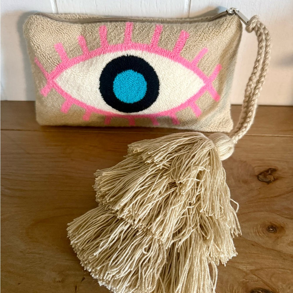 Beige Eye Motif Crossbody Clutch with Tassel - Pink & Blue Accent